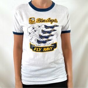 Vintage 70s blue angels military navy graphic T-shirt ringer tee white blue